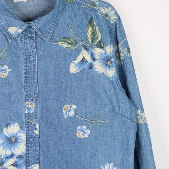 Lemon Grass Vintage Womens Denim Shirt Flower Floral Pattern Long Sleeve Blue L - Picture 4 of 6